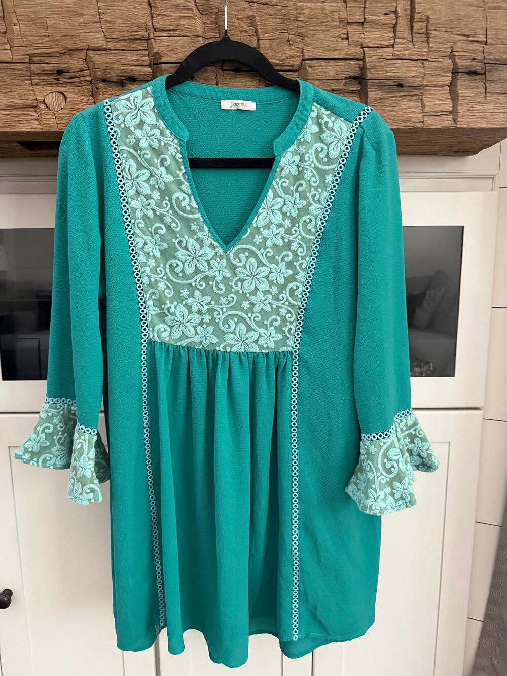 Jodifl Turquoise Boho Tunic Mini Dress Embroidered Lace Bell Sleeve Peasant